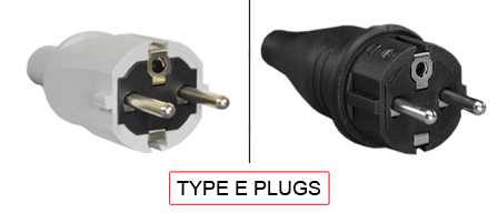 TYPE E Plugs are used in the following Countries:
<br>
Primary Country known for using TYPE E plugs is Belgium, France, Poland, Slovakia.

<br>Additional Countries that use TYPE E plugs are 
Algeria, Benin, Burundi, Cameroon, Central African Republic, Comoros, Congo - Democratic Republic, Congo - Republic of the, Czech Republic, Djibouti, Equatorial Guinea, Ethiopia, French Guiana, French Polynesia, Gabon, Guadeloupe, Ivory Coast, Madagascar, Mali - Republic of, Martinique, Monaco, Mongolia, Morocco, Reunion, Senegal, Somalia, Syria, Togo, Tunisia.

<br><font color="yellow">*</font> Additional Type E Electrical Devices:

<br><font color="yellow">*</font> <a href="https://internationalconfig.com/icc6.asp?item=TYPE-E-CONNECTORS" style="text-decoration: none">Type E Connectors</a> 

<br><font color="yellow">*</font> <a href="https://internationalconfig.com/icc6.asp?item=TYPE-E-OUTLETS" style="text-decoration: none">Type E Outlets</a> 

<br><font color="yellow">*</font> <a href="https://internationalconfig.com/icc6.asp?item=TYPE-E-POWER-CORDS" style="text-decoration: none">Type E Power Cords</a> 

<br><font color="yellow">*</font> <a href="https://internationalconfig.com/icc6.asp?item=TYPE-E-POWER-STRIPS" style="text-decoration: none">Type E Power Strips</a>

<br><font color="yellow">*</font> <a href="https://internationalconfig.com/icc6.asp?item=TYPE-E-ADAPTERS" style="text-decoration: none">Type E Adapters</a>

<br><font color="yellow">*</font> <a href="https://internationalconfig.com/worldwide-electrical-devices-selector-and-electrical-configuration-chart.asp" style="text-decoration: none">Worldwide Selector. All Countries by TYPE.</a>

<br>View examples of TYPE E plugs below.

